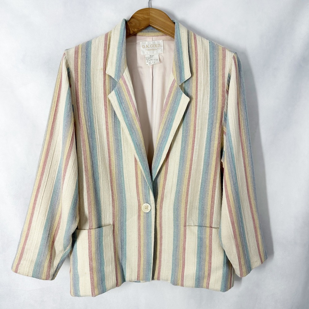 Vintage‎ Pastel Indie Stripe Blazer D.K. Gold Wool Blazer Womens Size 14